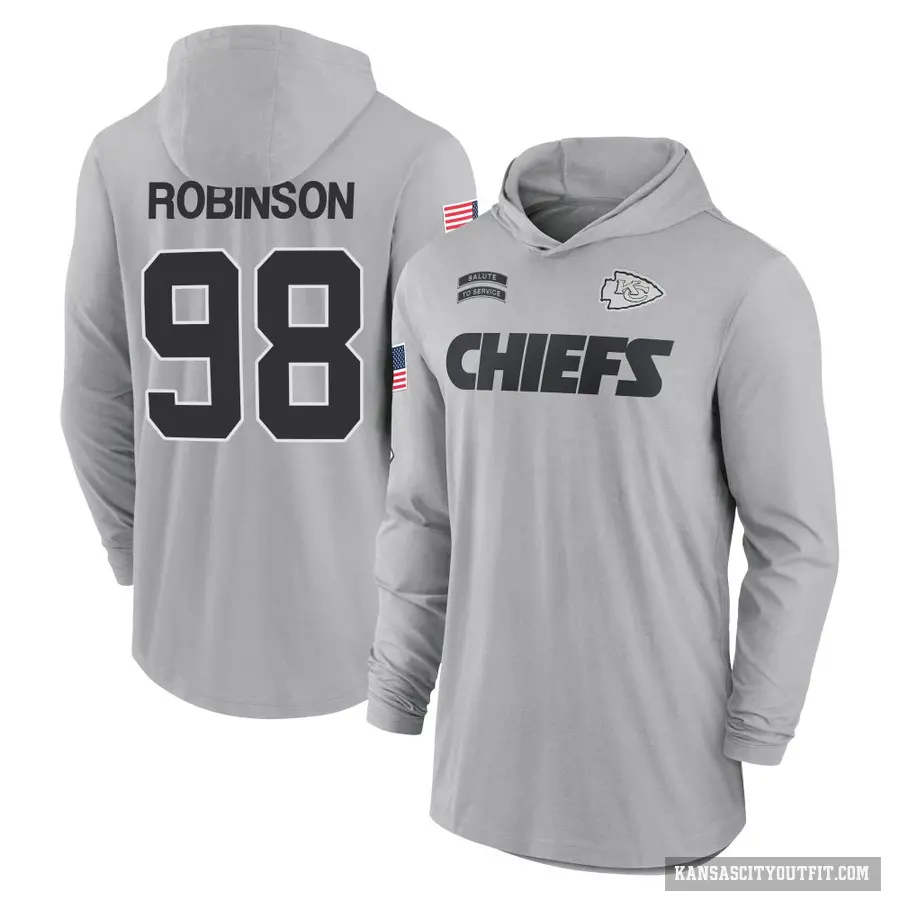 Youth ＃98 Janarius Robinson Kansas City Chiefs Gray 2024 Salute to Service Lightweight Performance Long Sleeve Hooded T-Shirt