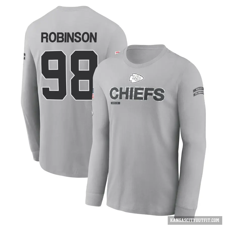 Youth ＃98 Janarius Robinson Kansas City Chiefs Gray 2024 Salute to Service Long Sleeve T-Shirt